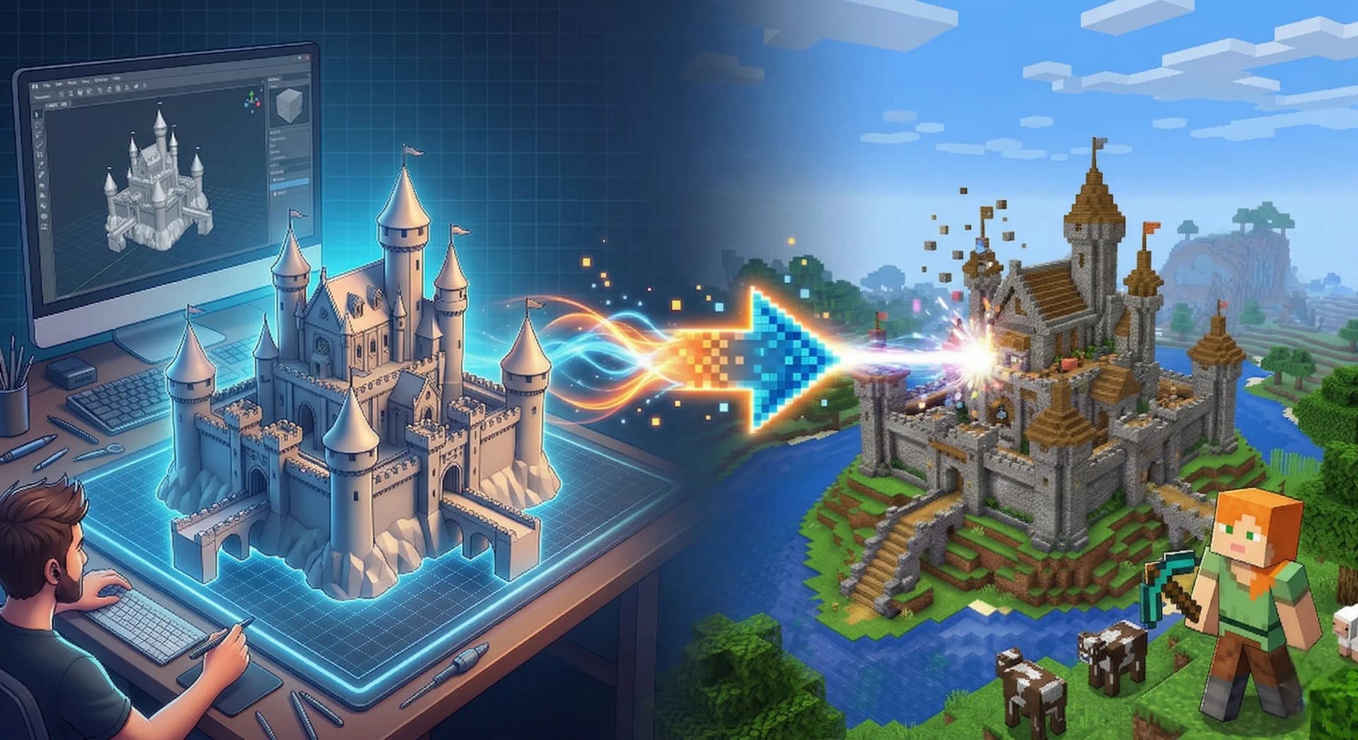 Castle model from 3D software rebuilt block by block in a Minecraft world