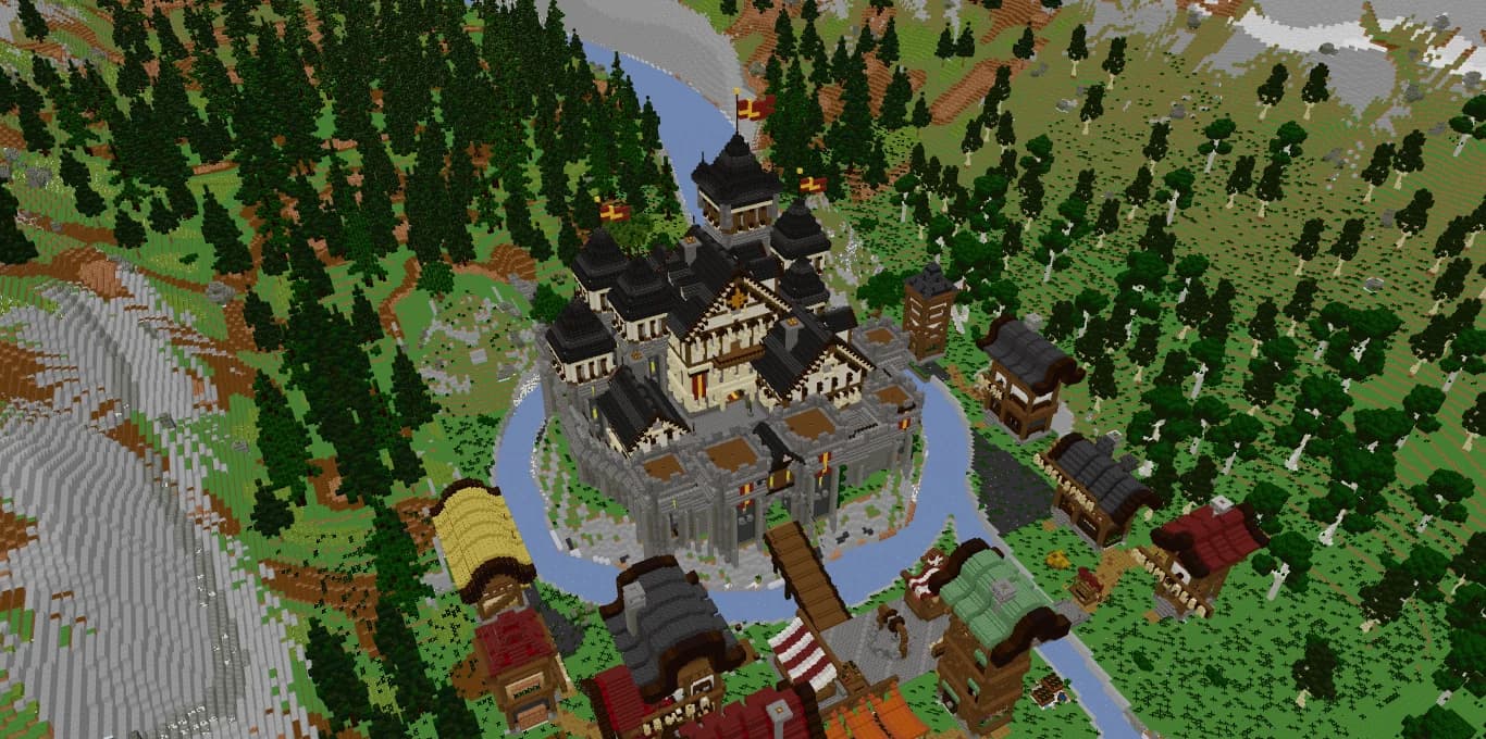 Val des Cimes: a medieval Minecraft castle with a moat and a village in a forested valley, built with Spaleforce and rendered in real Minecraft blocks