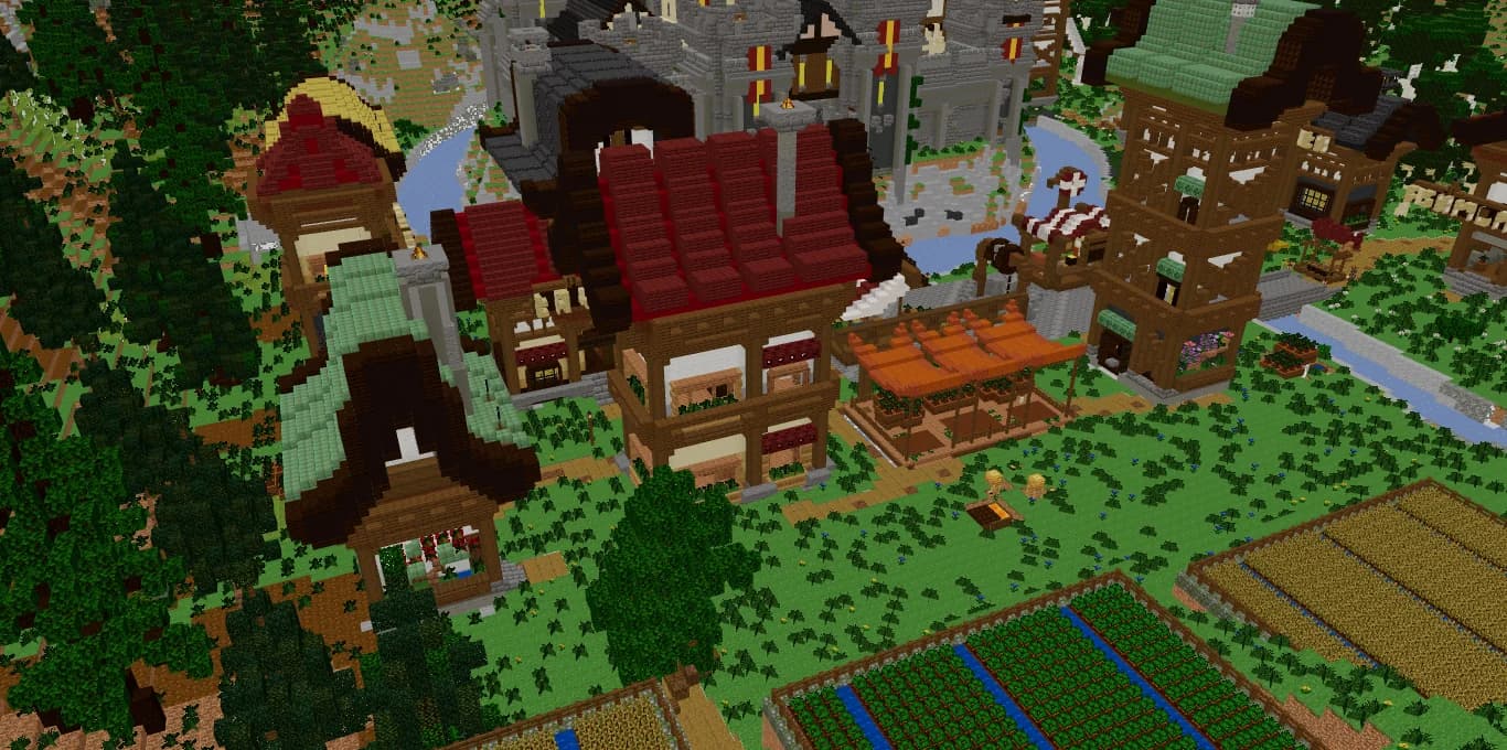 Val des Cimes village: timber-framed Minecraft houses, a market stall and crop fields below the castle, built with Spaleforce in real Minecraft blocks